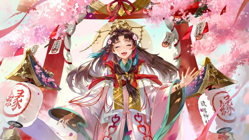 1girl, ^_^, ^o^, bangs, bracelet, brown_hair, cherry_blossoms, chinese_commentary