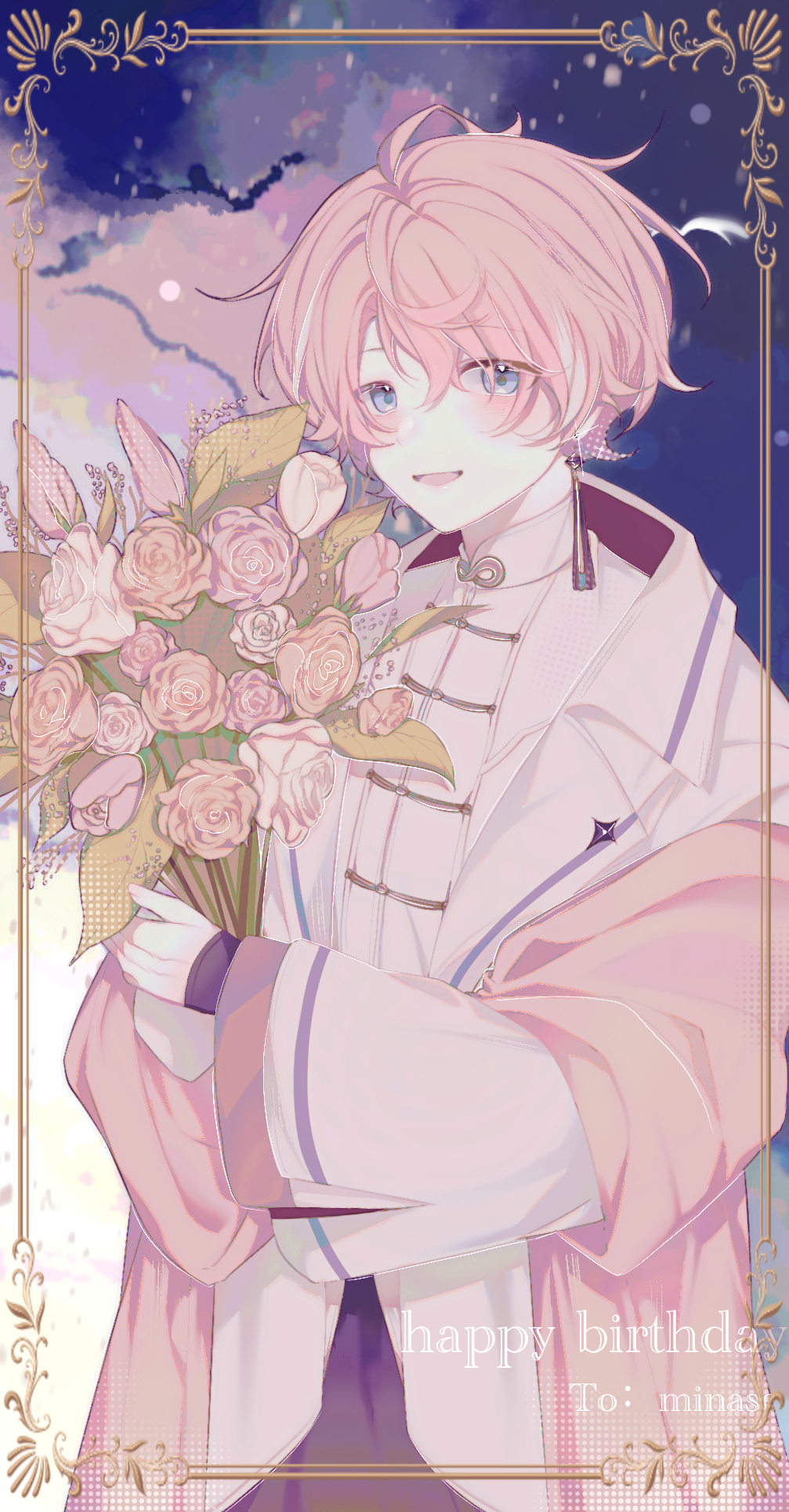 1boy, bishounen, bouquet, happy_birthday, highres, holding, holding_bouquet, light_blush