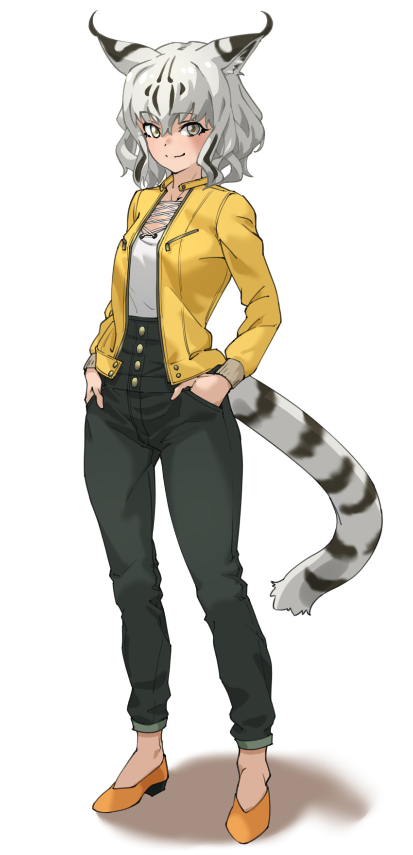 1girl, absurdres, animal_ear_fluff, animal_ears, bangs, black_hair, black_pants, bobcat_(kemono_friends)