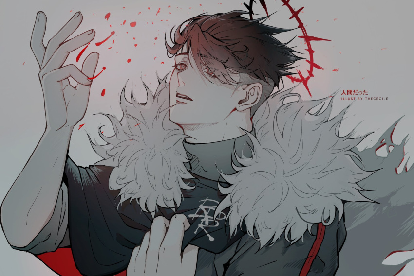 1boy, artist_name, black_capelet, black_hair, capelet, english_commentary, fur-trimmed_capelet, fur_trim