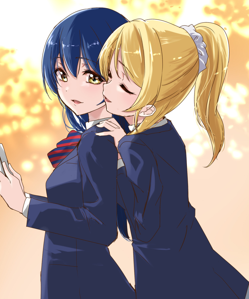 2girls, ayase_eli, bangs, behind_another, blonde_hair, blue_hair, blue_jacket, book