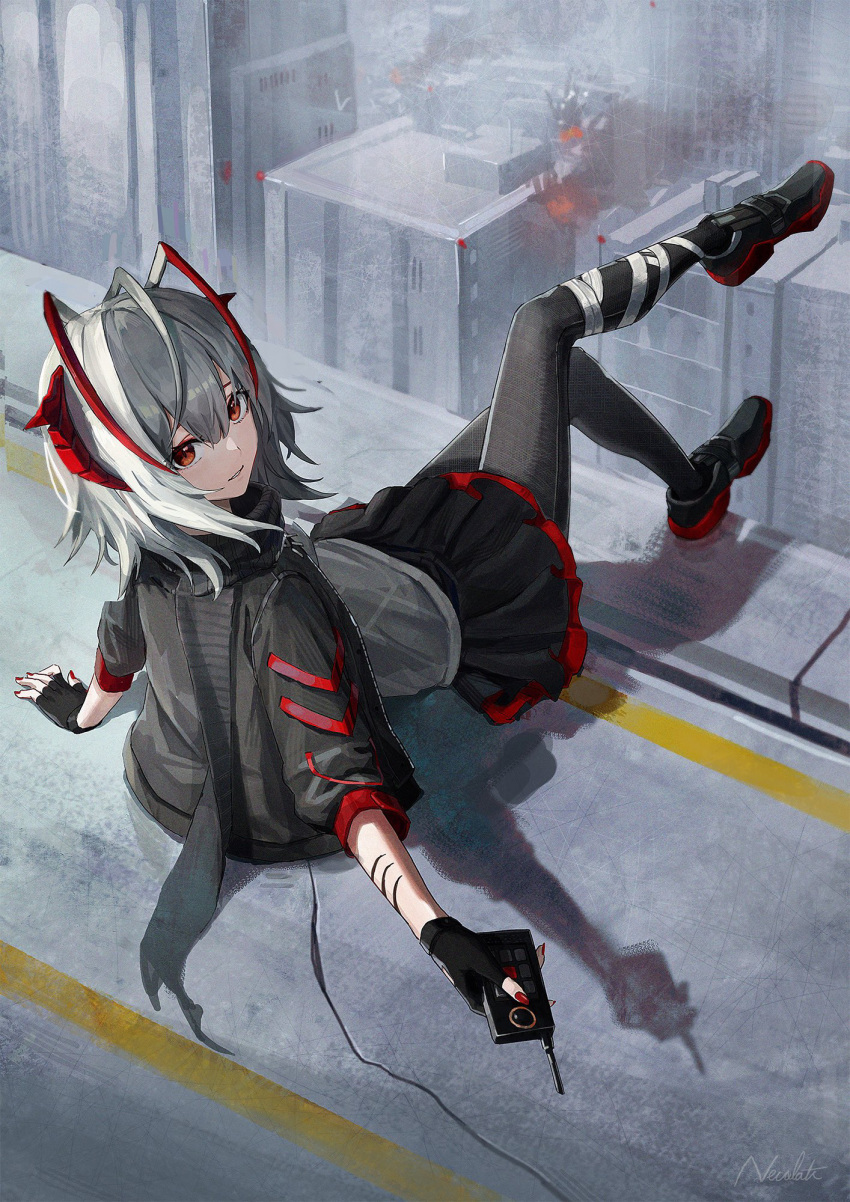 1girl, ant, arknights, arm_support, black_footwear, black_gloves, black_jacket, black_pantyhose
