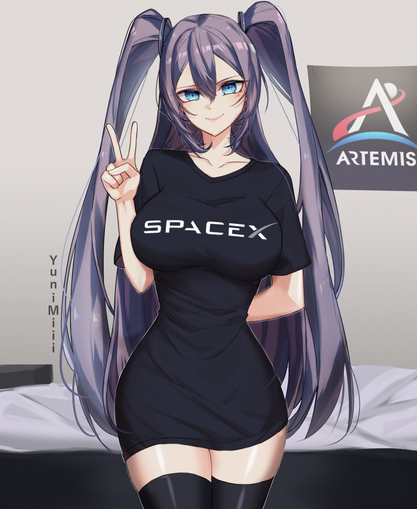 1girl, absurdres, azur_lane, black_shirt, blue_eyes, commission, commissioner_upload, grey_hair, highres, intrepid_(azur_lane), long_hair, looking_at_viewer, shirt, simple_background, smile, spacex, very_long_hair, yuni_miii