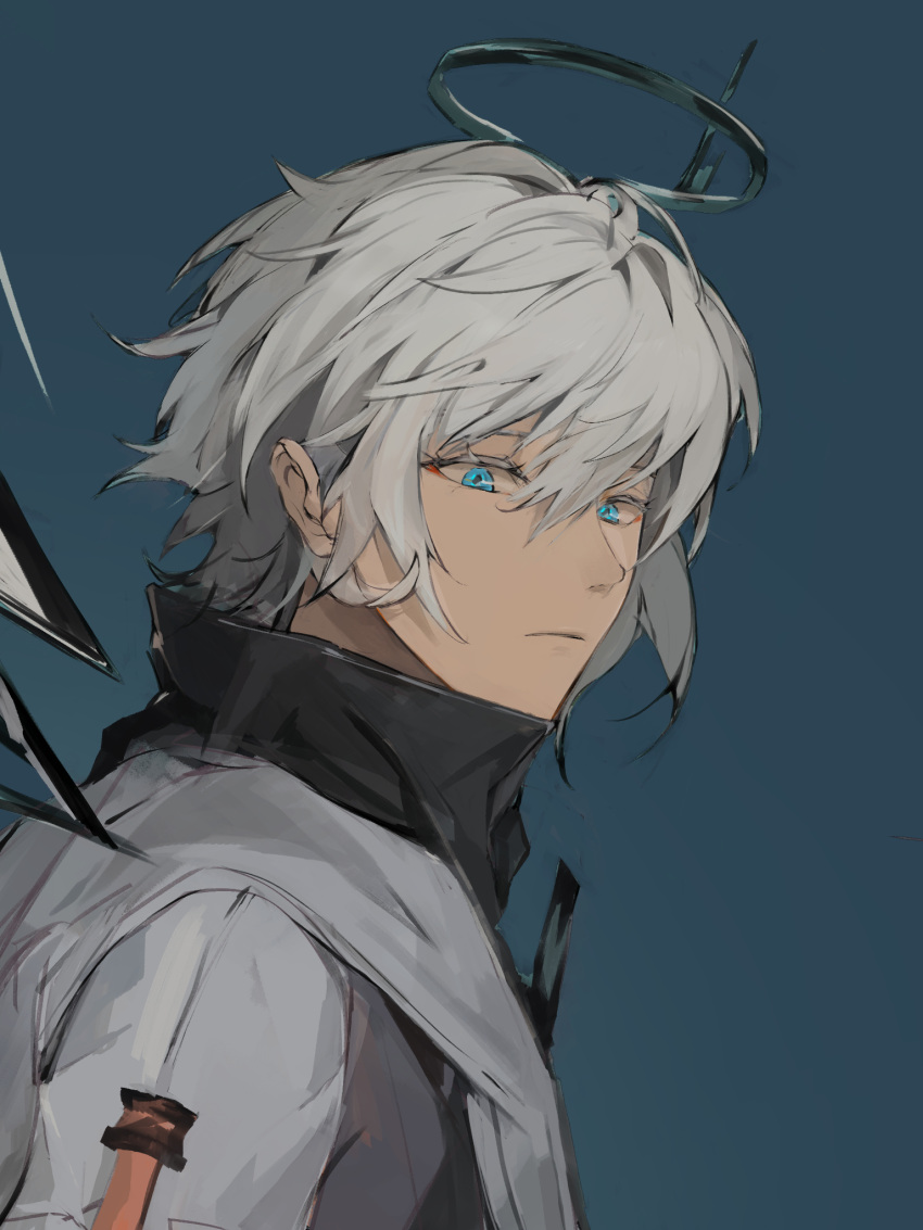 1boy, arknights, bangs, blue_background, blue_eyes, closed_mouth, detached_wings, energy_wings