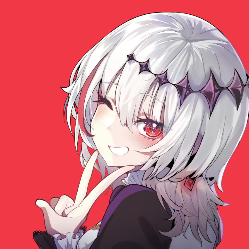 dtto., earrings, highres, jewelry, pale_skin, red_eyes, rpg_(ram), scarz, utaite_(singer), v, virtual_youtuber, white_hair