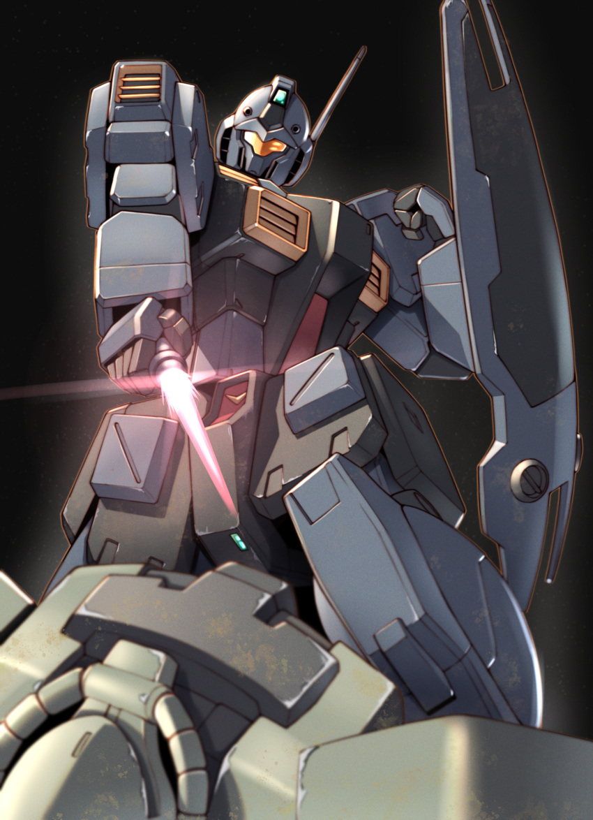 absurdres, assault_visor, beam_saber, black_background, clenched_hand, gm_quel, gundam, gundam_0083