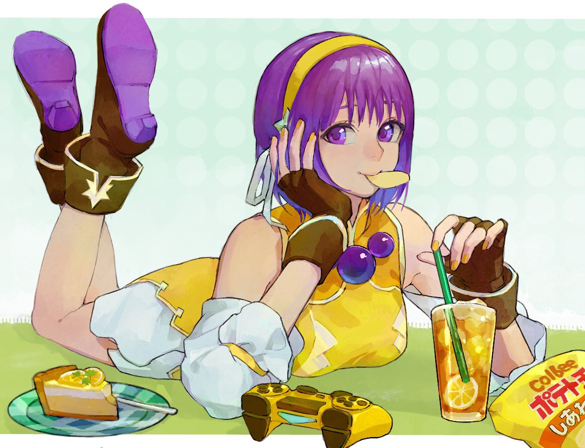 1girl, alternate_color, asamiya_athena, blue_background, boots, breasts, chips_(food), dress