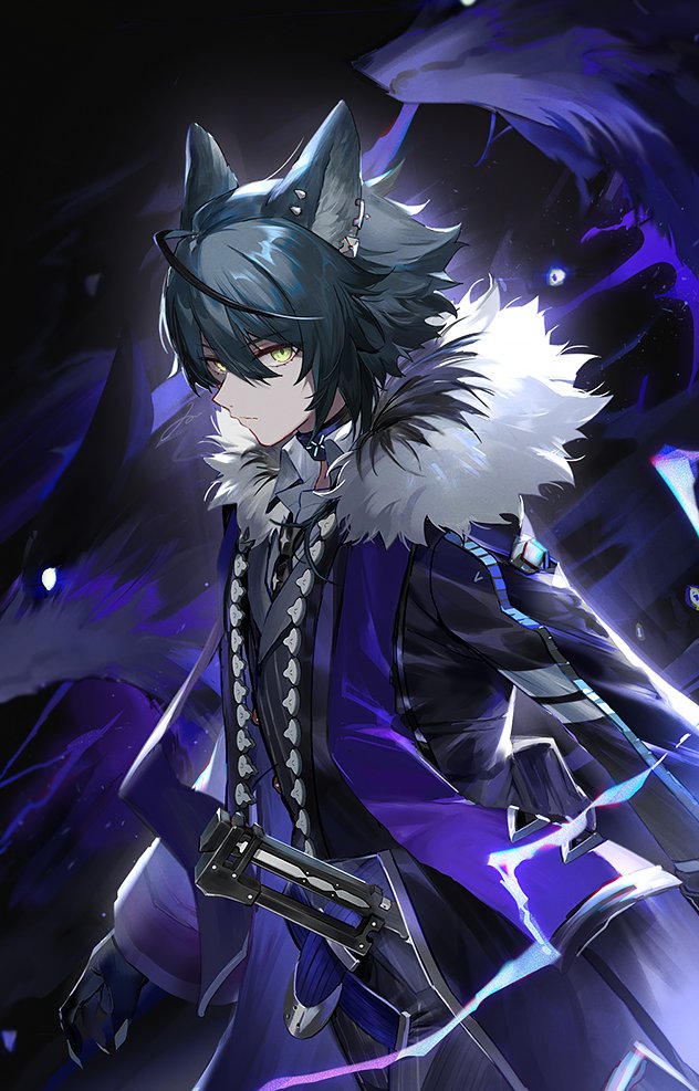 1boy, abstract_background, animal_ears, arknights, black_background, black_coat, black_gloves, black_hair
