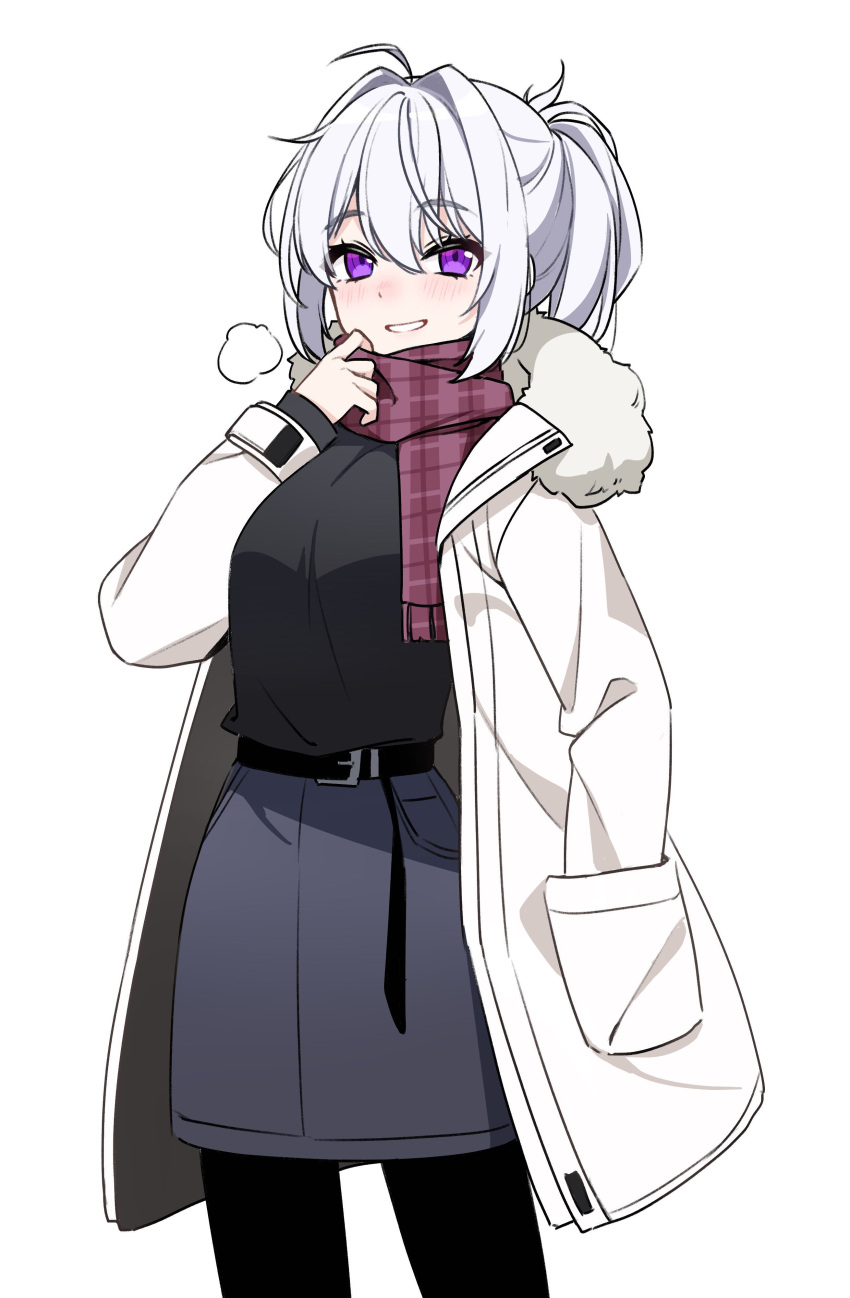 absurdres, bangs, belt, black_belt, breasts, coat, fur_coat, gengojisu, grey_shirt, hair_between_eyes, hand_in_pocket, highres, long_coat, looking_at_viewer, medium_breasts, patterned_clothing, purple_scarf, scarf, shirt, simple_background, smile, violet_eyes, white_background, white_coat, white_fur, white_hair, winter_clothes, winter_coat
