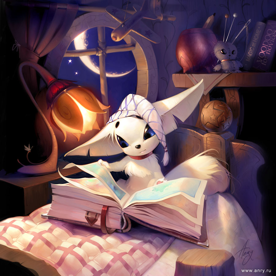 anry, artist_name, bed, bed_sheet, blue_eyes, book, bookmark, bookshelf