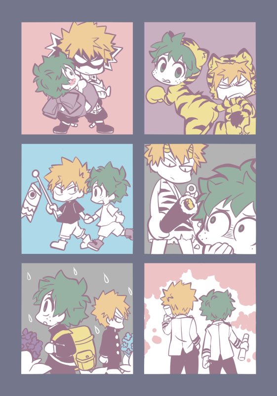 2boys, animal_costume, animal_ears, animal_print, ass, backpack, bag, bakugou_katsuki, biting, blank_eyes, blonde_hair, blush, boku_no_hero_academia, carrying, chibi, child, closed_mouth, commentary_request, covering_mouth, fake_animal_ears, fake_tail, food, freckles, from_behind, full_body, gakuran, green_hair, holding, holding_food, holding_hands, horns, kan_(k_mham1212), koinobori, long_sleeves, looking_at_another, makizushi, male_focus, midoriya_izuku, multiple_boys, oni_horns, open_mouth, pants, princess_carry, rain, school_uniform, shoes, short_hair, simple_background, spiky_hair, standing, sushi, tail, tail_biting, tiger_costume, tiger_ears, tiger_print, tiger_tail, u.a._school_uniform, windsock, yellow_bag