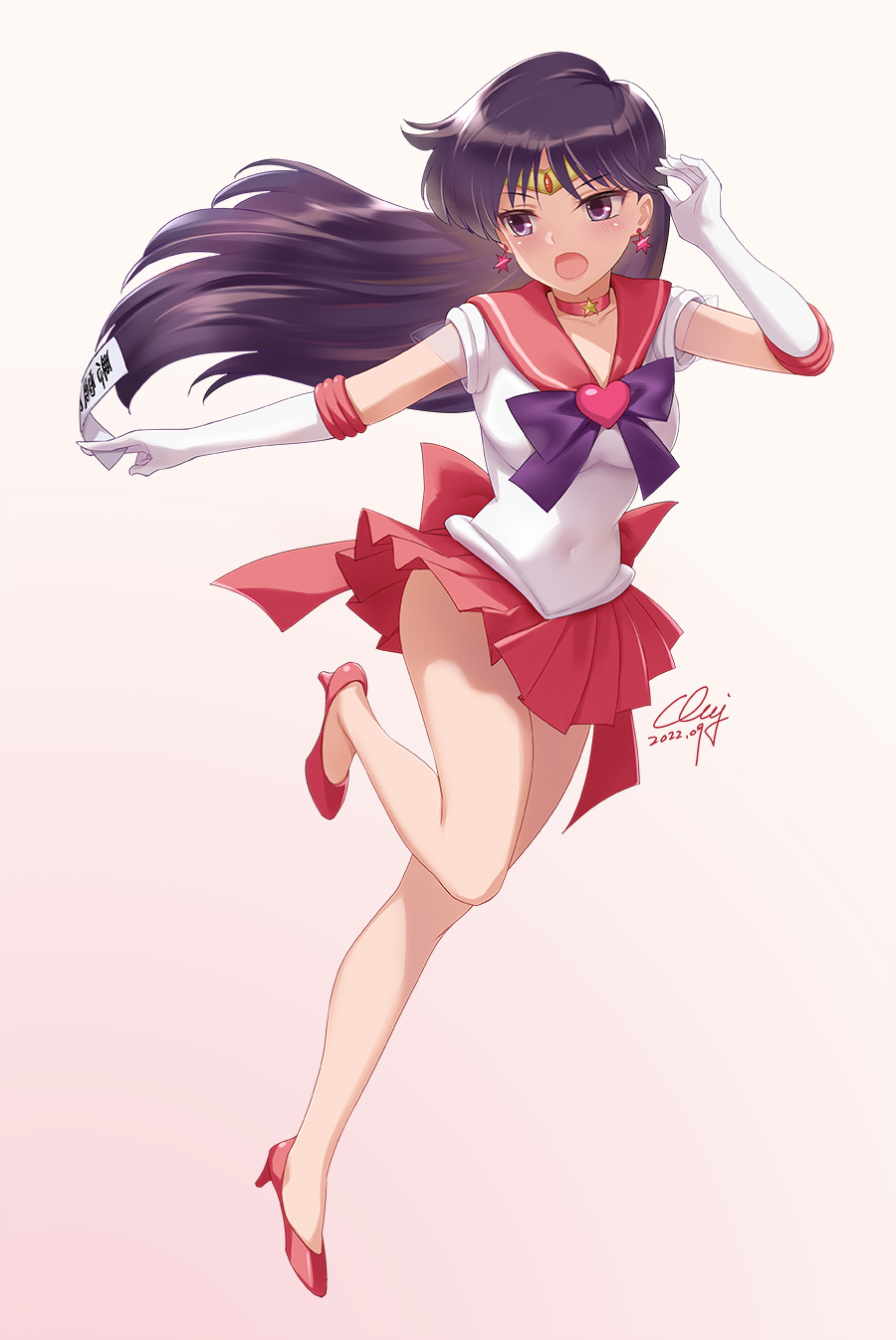 1girl, bishoujo_senshi_sailor_moon, black_hair, bow, brooch, choker, covered_navel, earrings