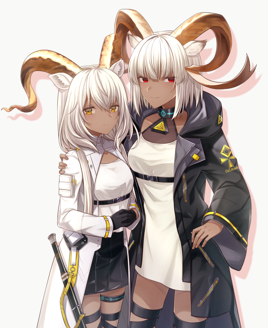 animal_ears, arknights, bangs, beeswax_(arknights), beeswax_(arknights)_(cosplay), black_gloves, black_ribbon, black_skirt