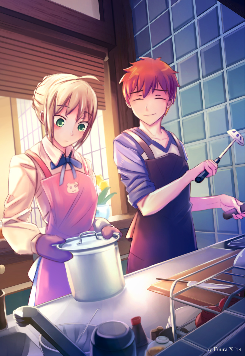 1boy, 1girl, absurdres, ahoge, apron, artoria_pendragon_(fate), cutting_board, emiya-san_chi_no_kyou_no_gohan, emiya_shirou, fate/stay_night, fate_(series), fuura, highres, holding_cooking_pot, kitchen, kitchen_knife, oven_mitts, saber, sleeves_rolled_up