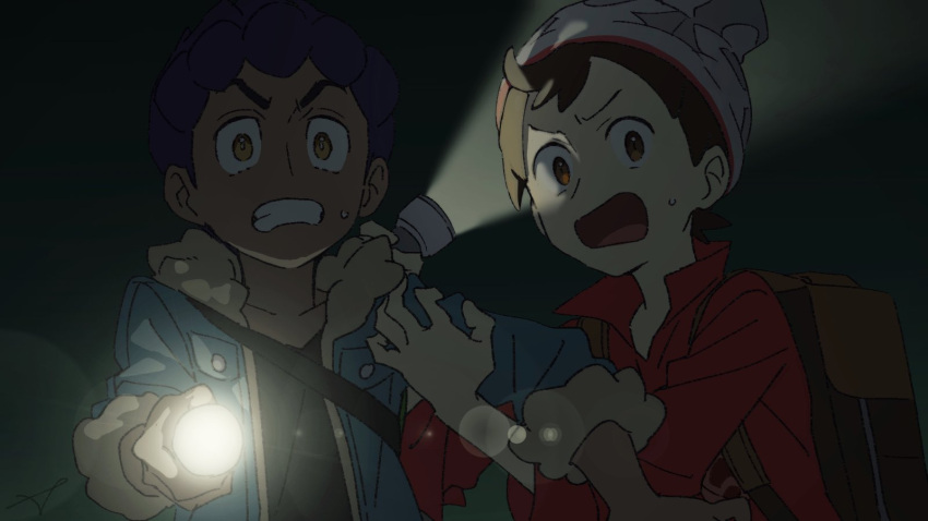 2boys, beanie, black_shirt, blue_jacket, bright_pupils, brown_eyes, brown_hair, cable_knit