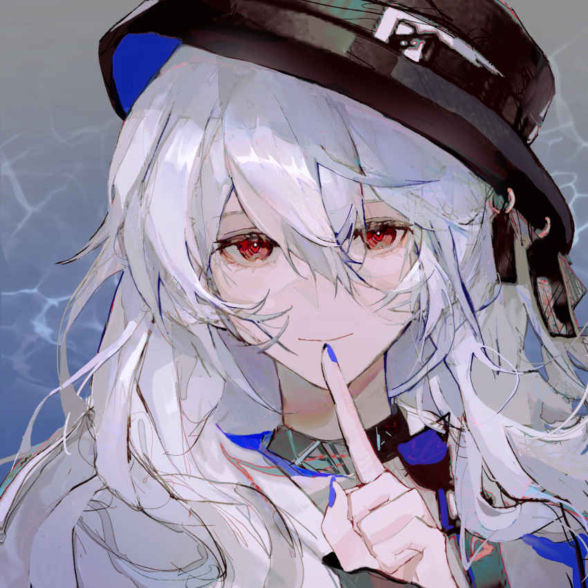 1girl, arknights, black_headwear, blue_nails, closed_mouth, finger_to_mouth, gradient, gradient_background