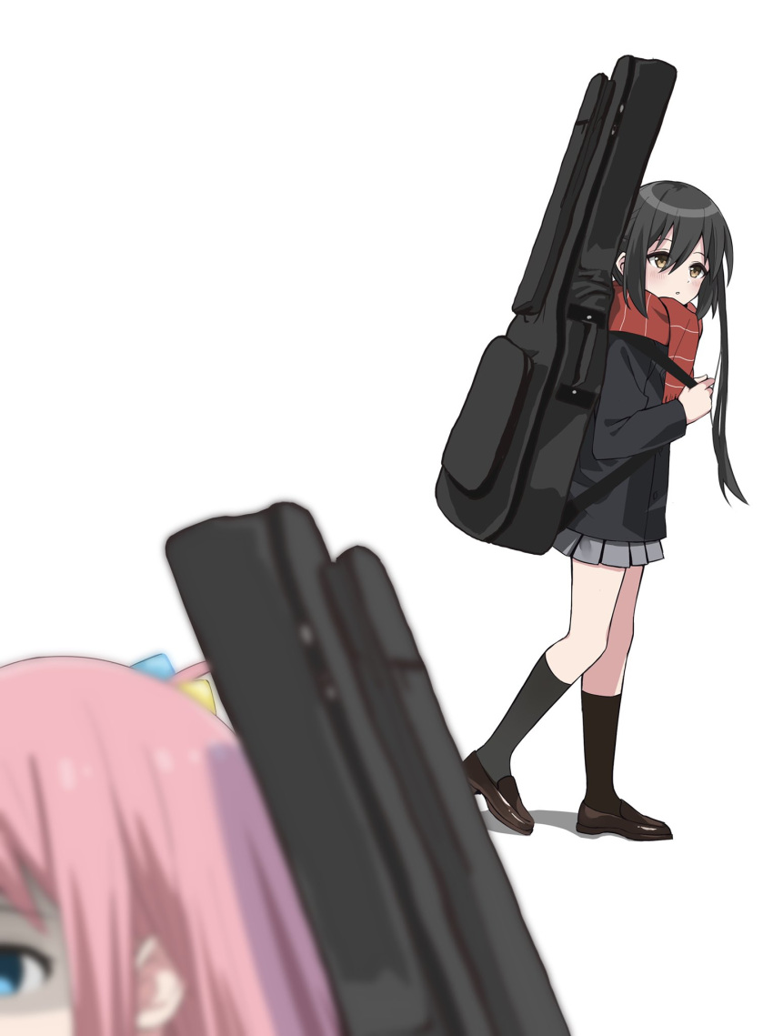 2girls, bangs, black_hair, black_jacket, black_socks, blazer, blue_eyes, bocchi_the_rock!