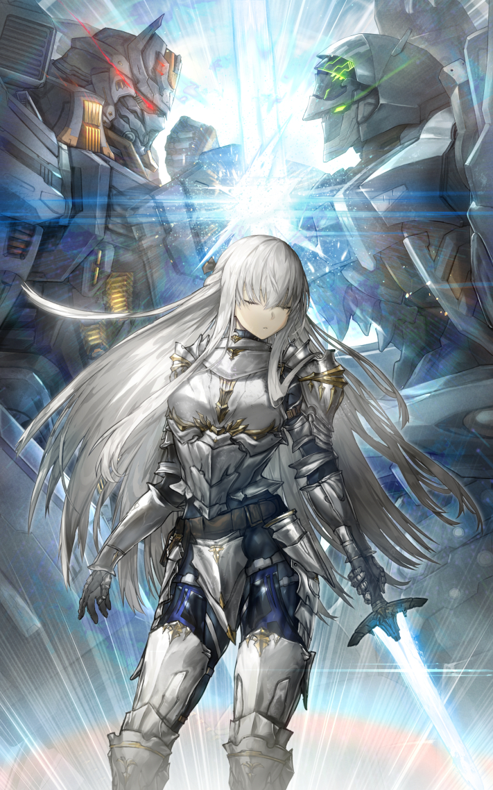 1girl, armor, belt, breastplate, clash, closed_eyes, commentary_request, energy_sword