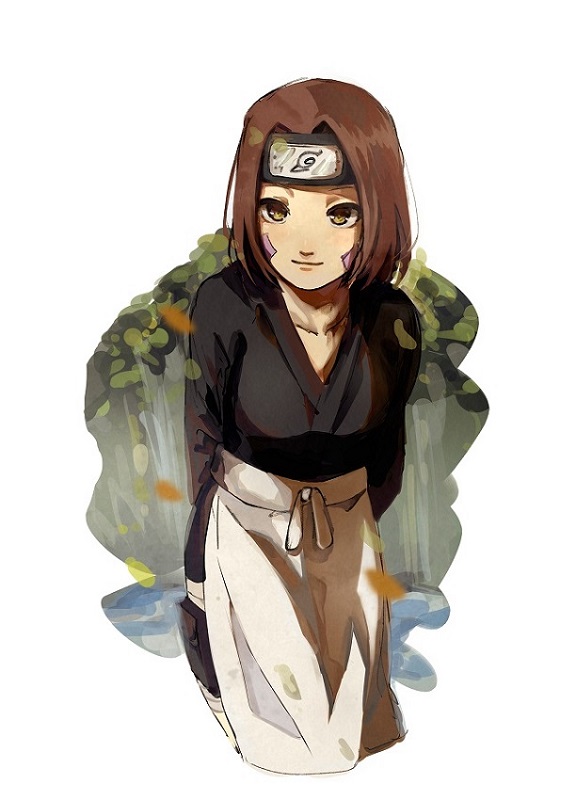 1girl, apron, black_headband, black_kimono, brown_eyes, brown_hair, closed_mouth, cropped_legs, facial_mark, hair_intakes, headband, japanese_clothes, kimono, leaning_forward, medium_hair, naruto_(series), naruto_shippuuden, nohara_rin, shiny, shiny_hair, smile, solo, standing, utu310, white_apron, white_background