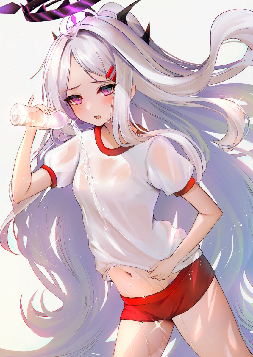 1girl, alternate_costume, bangs, black_horns, blue_archive, blush, bottle, buruma