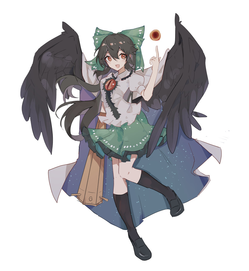 1girl, absurdres, bangs, black_footwear, black_hair, black_socks, black_wings, brown_hair