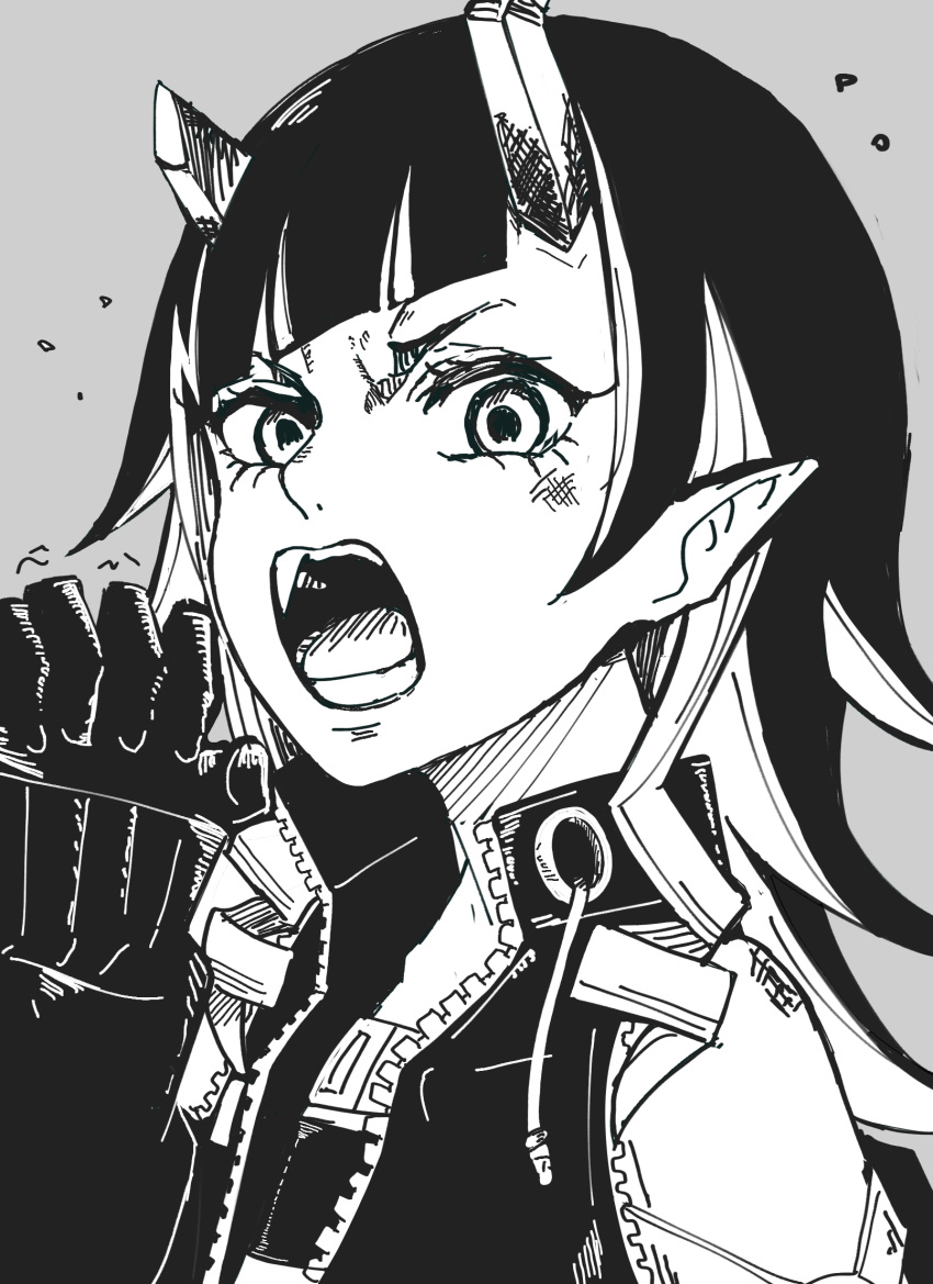 1girl, 774_inc., bangs, chest_belt, clothing_cutout, commentary_request, demon_girl, demon_horns