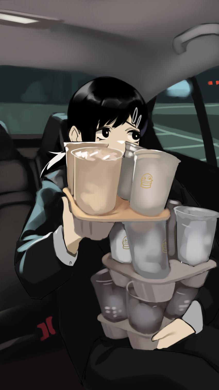 black_hair, black_jacket, black_pants, burger, car, car_interior, chainsaw_man, drink