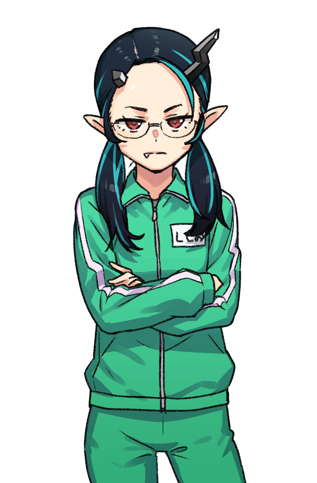 1girl, 774_inc., bespectacled, black_hair, blue_hair, closed_mouth, commentary_request, cosplay
