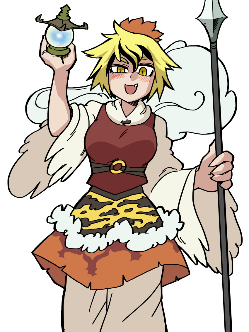 1girl, absurdres, animal_print, bishamonten's_pagoda, bishamonten's_spear, black_hair, blonde_hair, eddybird55555