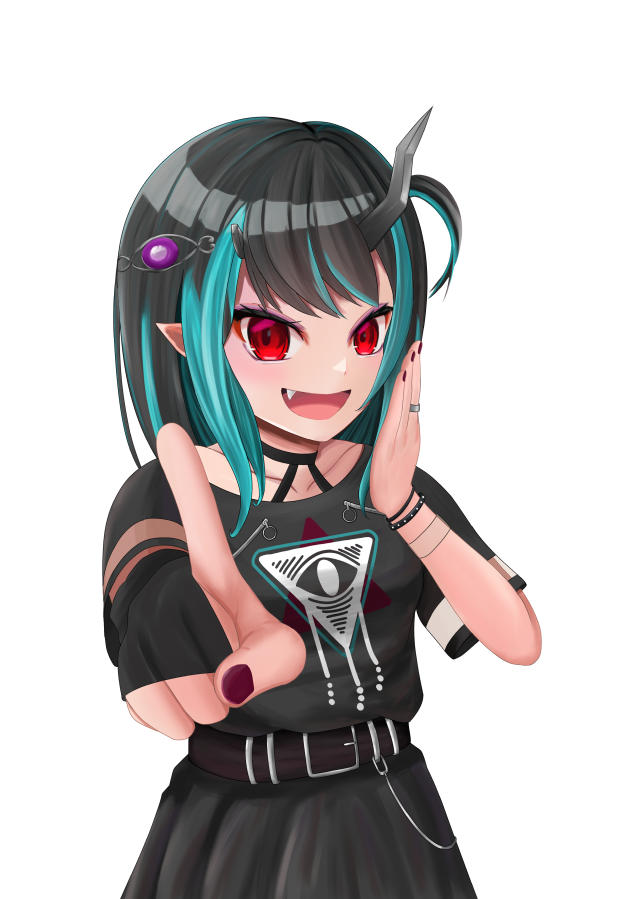 1girl, 774_inc., bangs, belt, black_belt, black_dress, black_gloves, black_hair, blue_hair, blush, bracelet, breasts, commentary_request, cowboy_shot, demon_girl, demon_horns, dress, eye_hair_ornament, eye_of_providence, fang, gloves, horns, jewelry, long_hair, looking_at_viewer, multicolored_hair, official_alternate_costume, open_mouth, partially_fingerless_gloves, pointy_ears, red_eyes, shishio_chris, short_sleeves, simple_background, small_breasts, smile, solo, spiked_bracelet, spikes, sugar_lyric, toda_kanada, transparent_background, two-tone_hair, virtual_youtuber