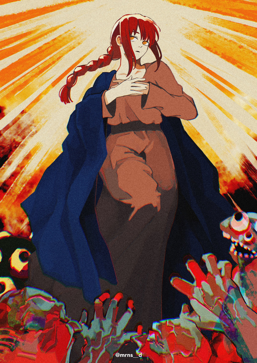 1girl, absurdres, bangs, blue_cloak, braid, braided_ponytail, chainsaw_man, cloak
