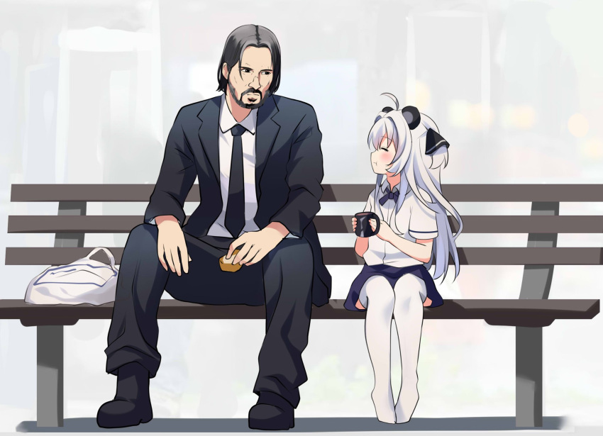 1boy, 1girl, animal_ears, art_shift, bangs, beard, bench, black_hair