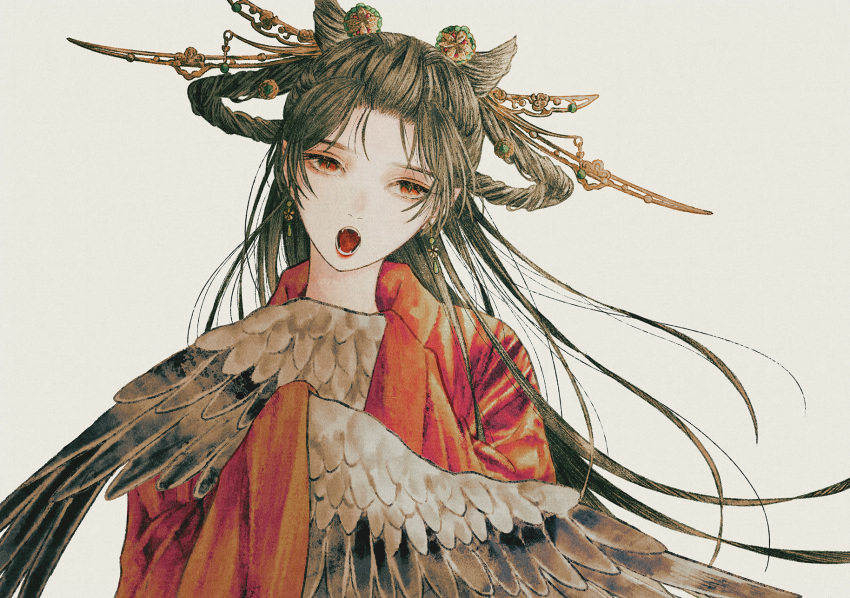 1girl, :o, bangs, bird_wings, brown_hair, commentary, cone_hair_bun, crossed_arms