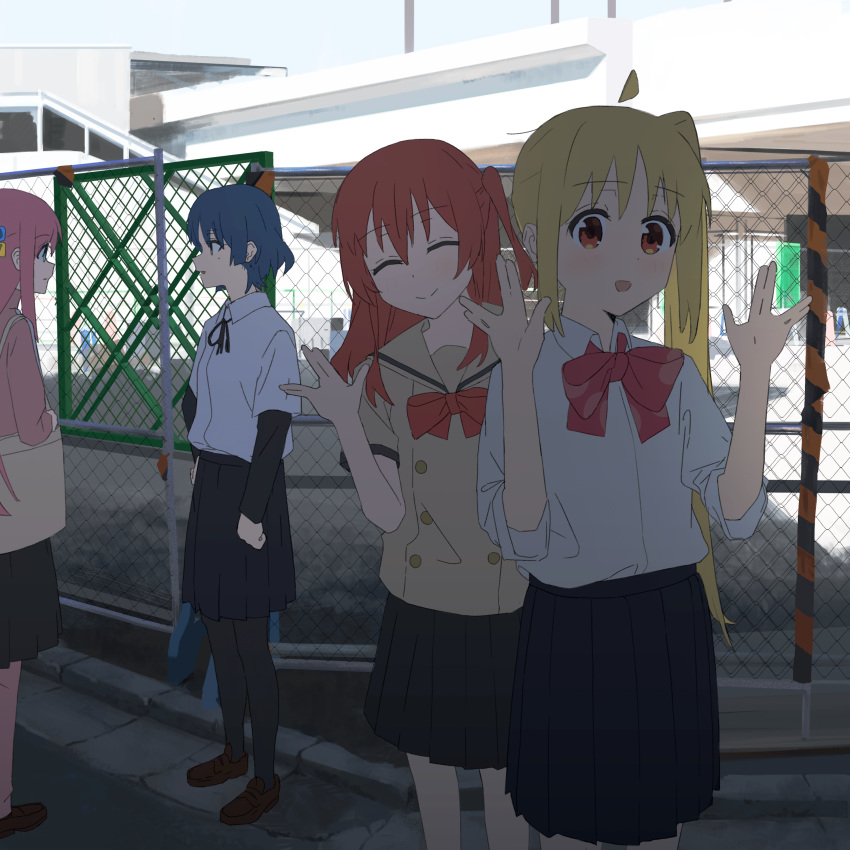 4girls, :d, ^_^, absurdres, ahoge, arm_at_side, bag, bangs