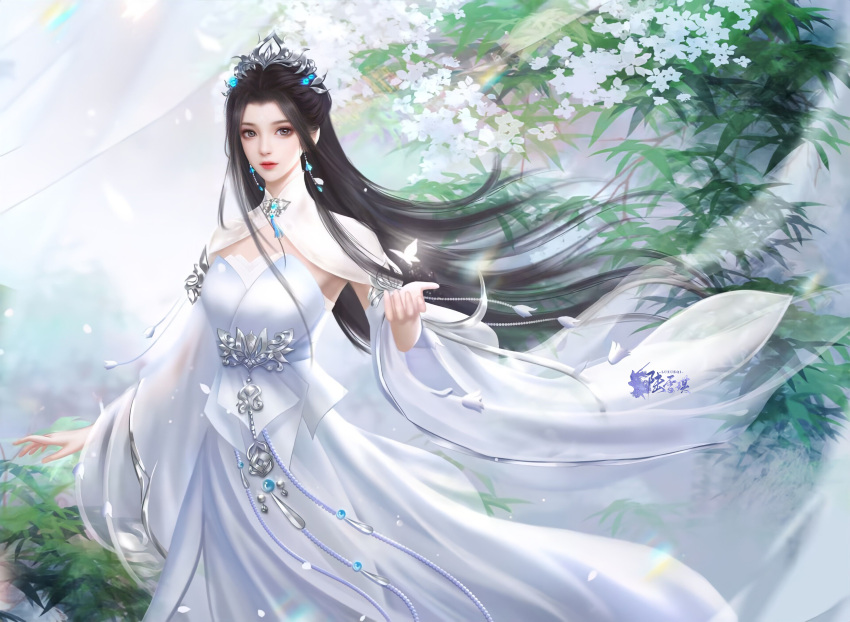 1girl, absurdres, black_hair, bug, butterfly, chinese_clothes, closed_mouth, curtains