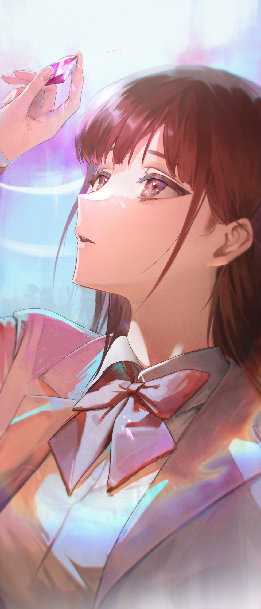 1girl, absurdres, arm_up, bangs, blazer, blunt_bangs, bow, bowtie, collared_shirt, dress_shirt, gem, highres, holding, holding_gem, jacket, long_hair, looking_up, original, parted_lips, pink_bow, pink_bowtie, pink_jacket, redhead, rim_(kyorin), shirt, solo, upper_body, violet_eyes, white_shirt
