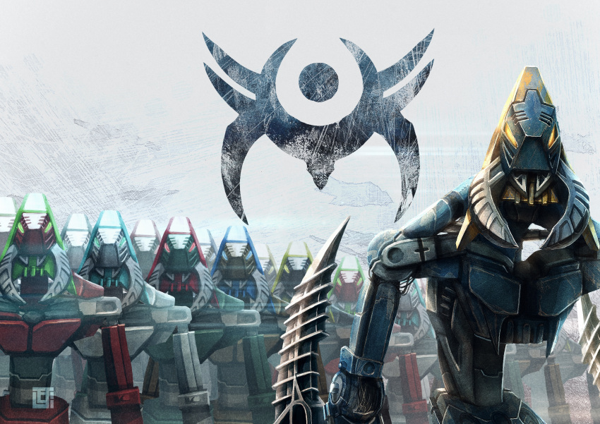 absurdres, arm_blade, bionicle, blue_eyes, bordakh_(bionicle), english_commentary, glowing, glowing_eyes