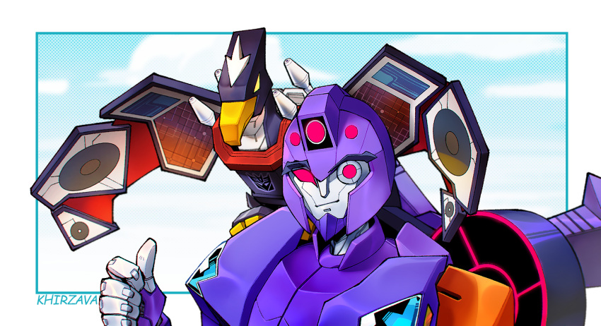 1girl, artist_name, decepticon, english_commentary, khirzava, laserbeak, looking_at_viewer, mecha