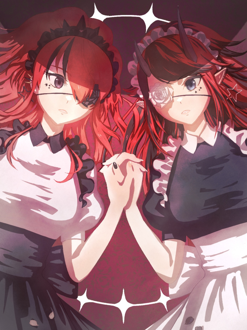 2girls, 774_inc., alternate_costume, bangs, black_hair, black_shirt, black_skirt, blue_eyes