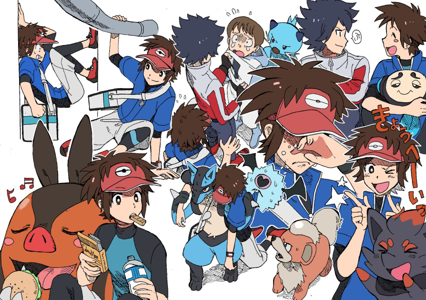 3boys, blush_stickers, bottle, brown_hair, burger, caloriemate, crying, dewott