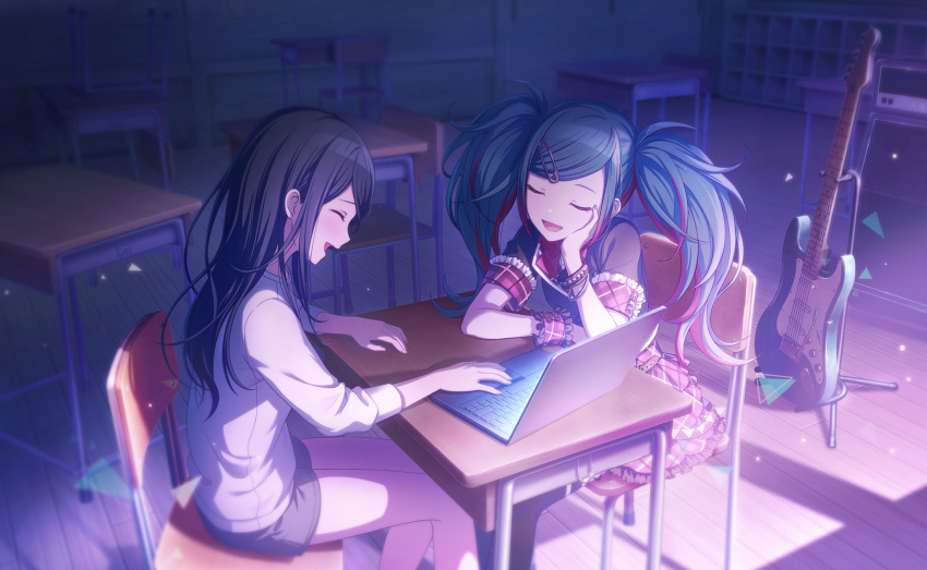2girls, amplifier, aqua_hair, aqua_nails, bangs, bare_legs, black_hair, black_thighhighs