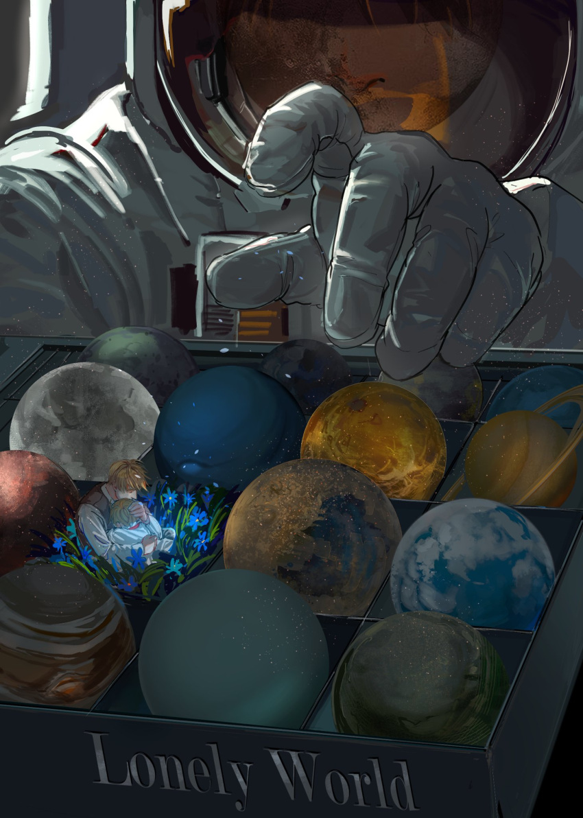 1other, 2boys, aged_down, america_(hetalia), astronaut, axis_powers_hetalia, blonde_hair, blue_flower