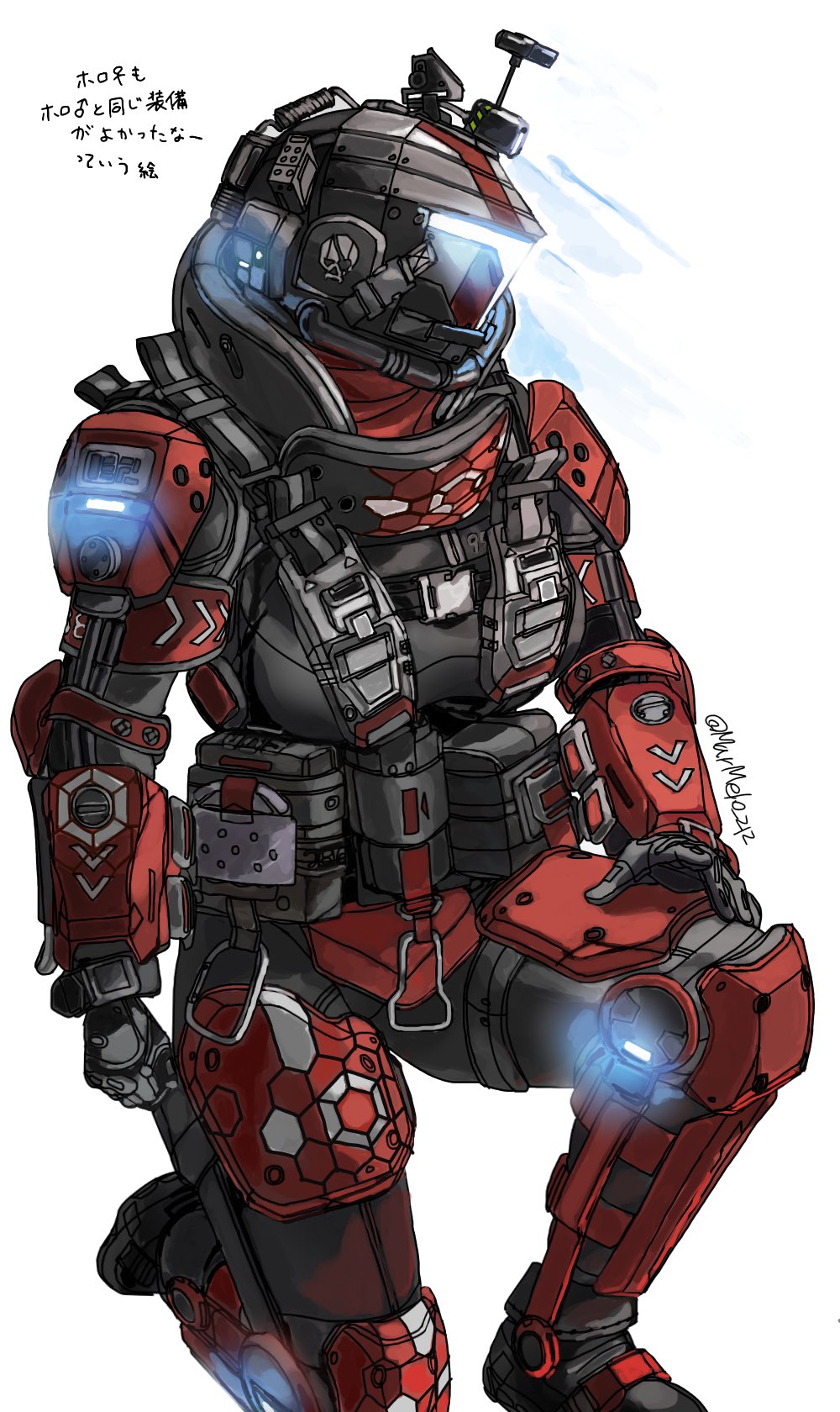 1girl, animification, armor, assault_visor, black_bodysuit, bodysuit, glowing, hand_on_own_thigh, highres, holo_pilot_(titanfall_2), knee_pads, kotone_a, looking_to_the_side, one_knee, pilot_(titanfall_2), pouch, radio_antenna, red_armor, science_fiction, shoulder_armor, solo, titanfall_(series), titanfall_2, translation_request, white_background