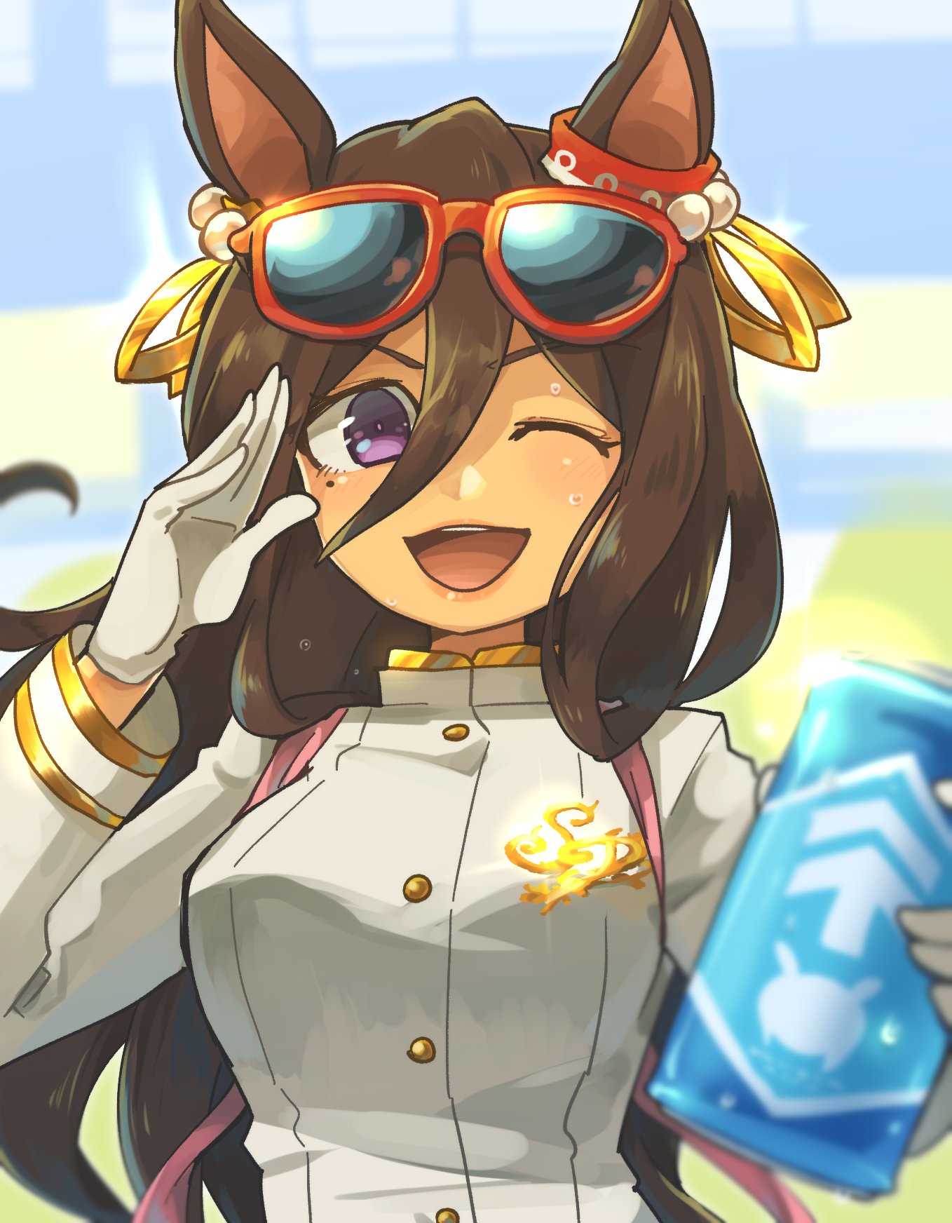 1girl, animal_ears, bangs, breasts, brown_hair, can, eyewear_on_head, gloves