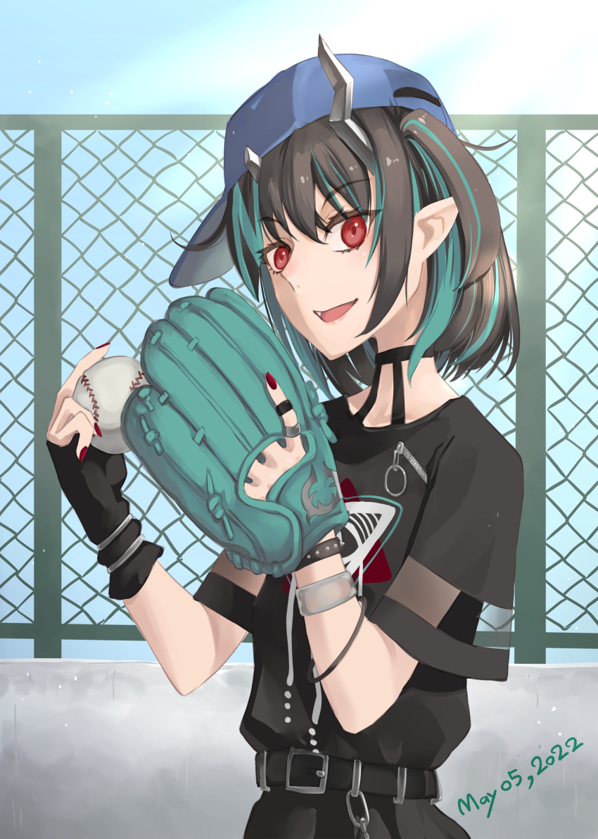 1girl, 774_inc., absurdres, bangs, baseball, baseball_cap, baseball_mitt, belt