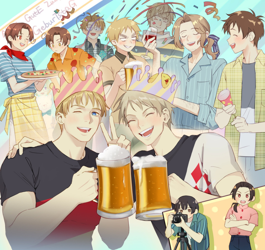 6+boys, ahoge, alcohol, america_(hetalia), apron, axis_powers_hetalia, bangs, beer