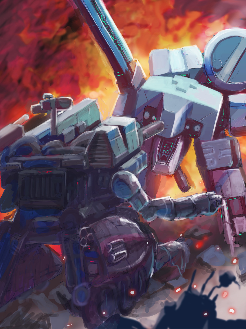 absurdres, battle, crossover, embers, explosion, fire, gunhed, highres, mbr-5ra2c_gunhed, mecha, metal_gear_(robot), metal_gear_(series), metal_gear_rex, metal_gear_solid, no_humans, phlogiston_drow, robot, science_fiction, walker, wreckage