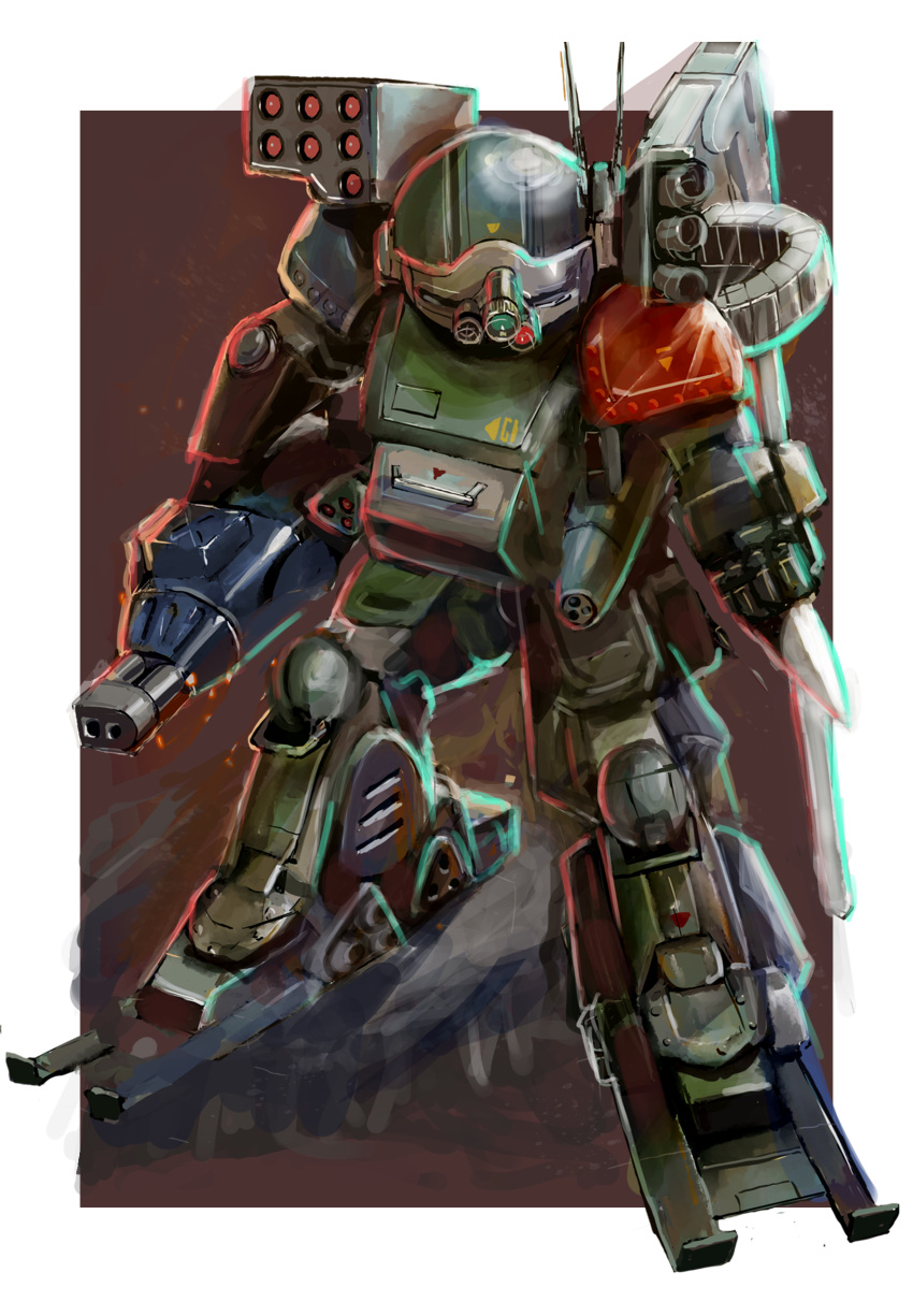 absurdres, border, burglary_dog, clenched_hand, gun, highres, holding, holding_gun, holding_weapon, looking_down, mecha, missile_pod, no_humans, outside_border, phlogiston_drow, radio_antenna, robot, science_fiction, smoke, solo, soukou_kihei_votoms, soukou_kihei_votoms_the_heretic_saint, weapon, white_border
