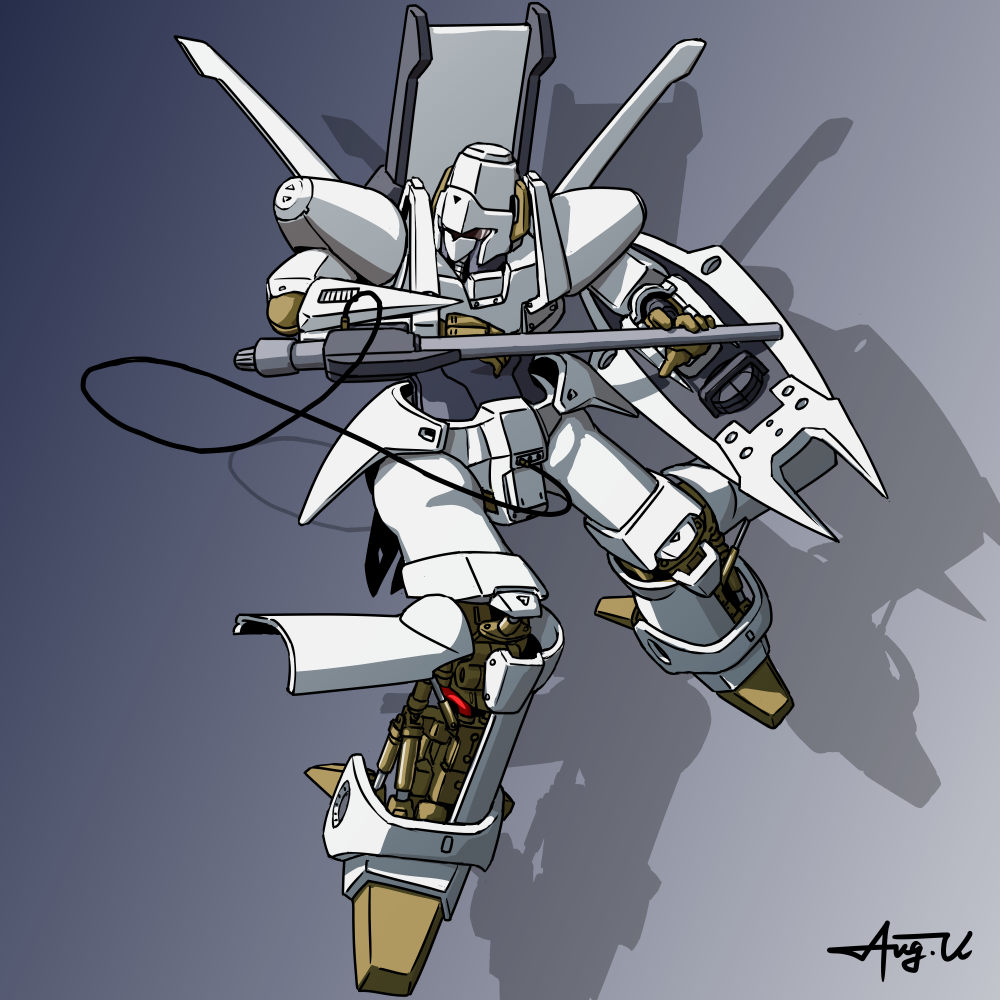 arm_cannon, cable, commentary_request, concept_art, energy_cannon, hagitsuki_yuu, juusenki_l-gaim, l-gaim, machinery, mecha, no_humans, robot, science_fiction, shadow, shield, signature, weapon