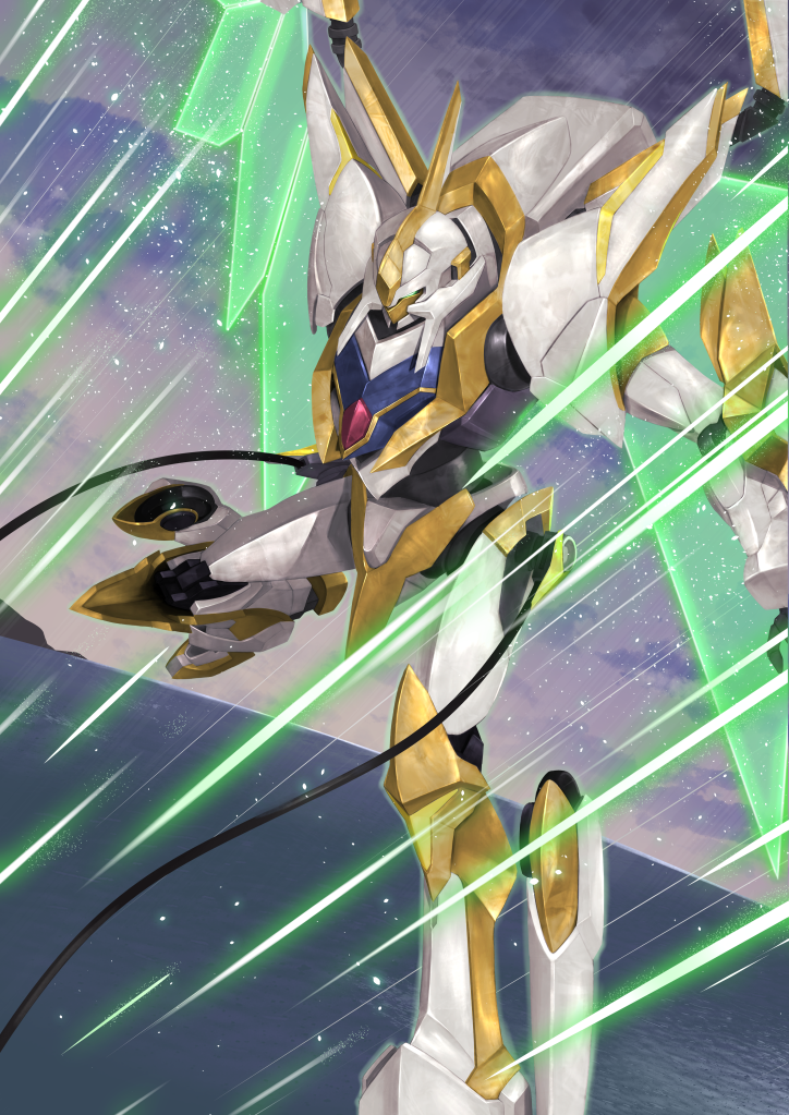cable, code_geass, code_geass:_fukkatsu_no_lelouch, energy_wings, flying, green_eyes, knightmare_frame, lancelot_sin